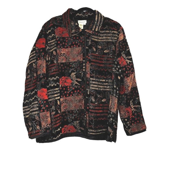Coldwater Creek Size 1X Reversible Chenille Patchwork/ Black Brocade Jacket - Picture 1 of 9